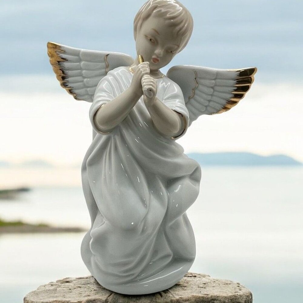 Vintage Porcelain Angel Figurine Flute Player with Gold Trim Music Musician Gift